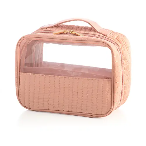 Wholesale Transparent Cosmetic Bag | Green Trim Makeup Organizer with Clear Panels for Beauty & Travel